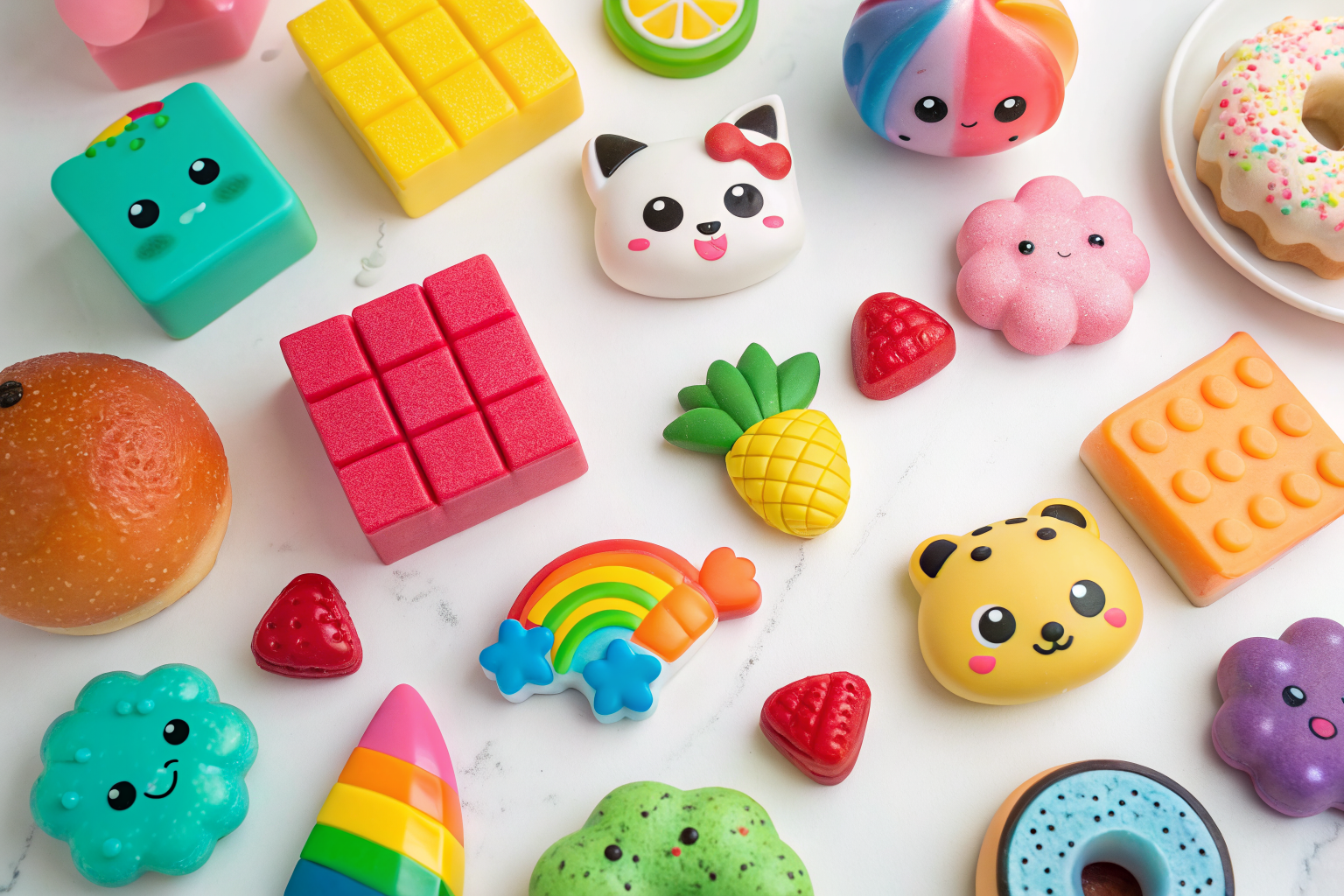 Collection of colorful squishy toys flat lay — NeeDoh mochi taba styles