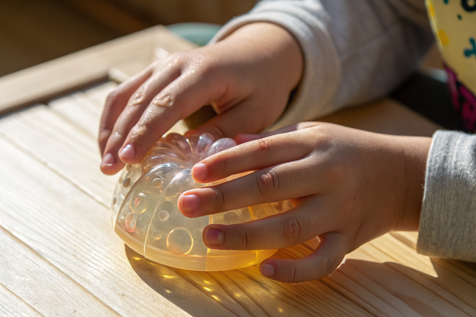 Pinching and squeezing a TabaSquishy transparent toy — satisfying deformation