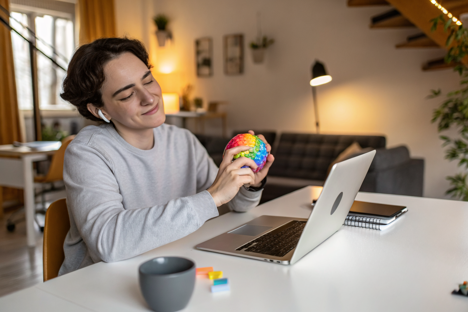 Office worker using squishy stress ball for relaxation and focus
